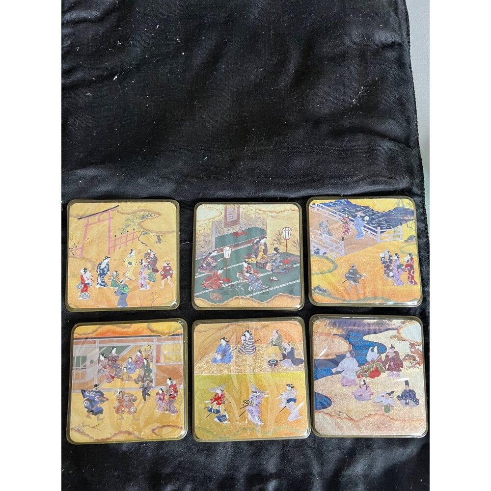 Set Of 6 Japanese Art Coasters With Edo-Style Scenes Square Design Glossy Finish